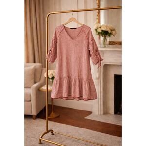 Zara Basics Red White Stripe Embroidered Mini Dress Ruched Sleeve M Festival Fun